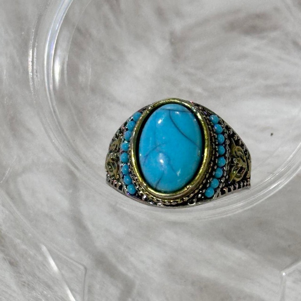 Boho Faux Turquoise Ornate Beaded Statement Ring Size 9.5